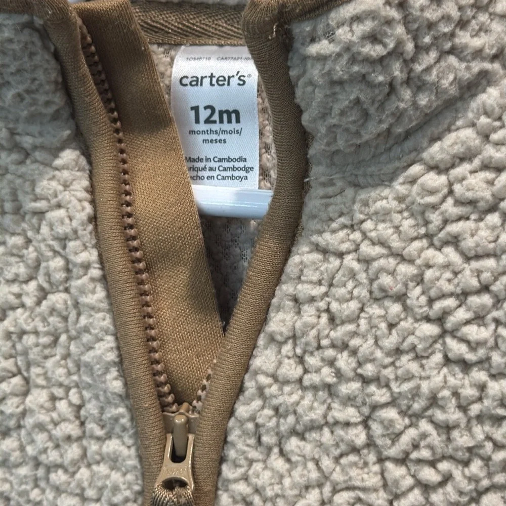 Carter's Cream and Tan Cozy Teddy Bear Sherpa Fleece  coverall size 12‎ mos